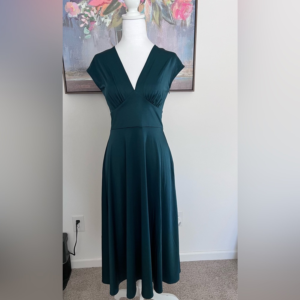 Mango Teal V-Neck Cap-Sleeve Maxi Dress
